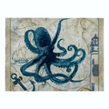 Linen placemat featuring a deep blue octopus print with vintage nautical map design - 32x21cm / Vintage Map and Deep Blue Octopus (CD015-25)