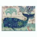 Rectangular linen placemat featuring a dark blue whale with bohemian paisley flower patterns - 32x21cm / Bohemian Texture Deep Blue Whale (CD015-8)