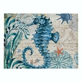 Linen placemat with blue seahorse print and vintage nautical map background - 32x21cm / Blue Seahorse and Map Background (CD015-7)