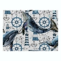 Linen placemat featuring a watercolor whale, lighthouse, and nautical compass design - 32x21cm / Deep Blue Marine Nautical Graphics (CD015-40)