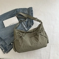 Olive green pleated tote bag with bow details and adjustable strap for casual travel - Green