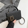 Mini borsa nera con patta glitterata e fibbia dorata su sfondo di abito grigio - Nero
