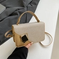 Borsa a mano retrò color champagne con patta glitterata e fibbia metallica - Oro