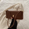 Minimalist brown baguette shoulder bag with gold metal buckle and leather strap - Dark Brown