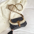 Vintage black polka dot crossbody bag with lace trim and brown leather strap for girls - Black