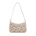 Beige shoulder baguette bag with cherry print and golden rings on white background - White