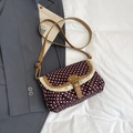 Vintage dark brown polka dot crossbody bag with pink accents and white lace trim - Red