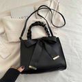 Elegant black bridal handbag with matte leather, bow detail and woven handle - Black