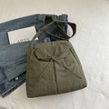 Olive green nylon tote bag with decorative bow tie and wide shoulder strap - Green