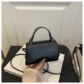 Detail of black crocodile pattern leather mini square bag with silver metal buckle - Black