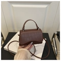 Detailed view of brown crocodile texture leather and silver hardware on a mini square bag - Brown