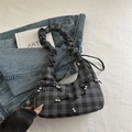 Grey plaid hobo bag with delicate bow beads and pleated cloud strap for casual wear - Black