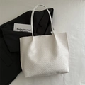 Handwoven cream white large capacity leather tote bag with elegant cross-weave texture - White
