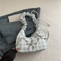 Sweet light blue gingham pleated hobo bag with bow details and metallic beads - Blue