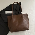 Handwoven brown large tote bag in premium faux leather texture with twin shoulder straps - Brown