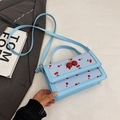 Hellblaue quadratische Handtasche mit Kirschmuster und 3D-Kirschanhänger aus Glitzer - Blau