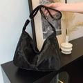 Minimalist large black hobo tote bag with distressed texture and adjustable wide strap - Black without Pendant