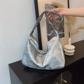 Metallic silver hobo shoulder bag with a vintage finish and large capacity design - Silver No Pendant