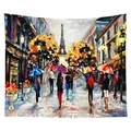 Nordic street tapestry featuring an oil painting of Paris Eiffel Tower and pedestrians - 95x73 (Sandwashed Style) / Paris Rainy Street Style (CGT044-10)