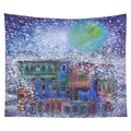 Nordic street landscape wall tapestry with abstract colorful buildings and green moon - 95x73 (Sandwashed Style) / Abstract City Green Moon (CGT044-14)