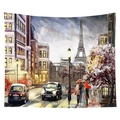 Paris street scene tapestry with Eiffel Tower and vintage taxi in artistic oil painting style - 95x73 (Sandwashed Style) / Paris After Rain Red Umbrella (CGT044-15)