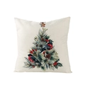 Funda de cojín navideño con diseño de camachuelos y bayas en tela lino beige - Estilo Árbol de Navidad de Agujas de Pino (JYM106-10) / 45x45cm (Sin Relleno)