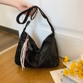 Black velvet tote bag with woven pendant and silver metal buckle decoration - Black With Pendant