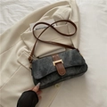 Retro shoulder bag in dark grey suede finish with brown leather strap and gold buckle - Black