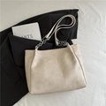 Chic beige tote bag with irregular square patchwork and silver metal chain strap - Beige No Pendant
