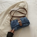 Retro blue denim underarm bag with brown leather trim and golden metal buckle details - Dark Blue