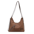 Large woven straw bucket bag with herringbone texture and metallic zipper for summer vacation - Brown