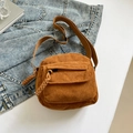 Cute brown corduroy crossbody bag for women with woven rope zipper detail and front pocket - Brown