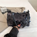 Chic black sequin shoulder bag with silver zipper and slim strap for evening wear - Black
