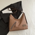 Brown woven texture hobo shoulder bag with zipper pocket and long strap for women - Brown