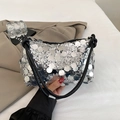 Sparkly silver sequin handbag with black rope strap and metallic silver hardware details - Silver