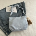 Light blue shoulder bag with cloud texture, ruched strap, and cute bear pendant - Blue with Pendant