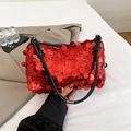 Chic red sequin handbag with black braided handle and silver metal accents for women - Red