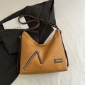Woven straw shoulder bag in yellow and brown herringbone pattern with leather strap - Yellow