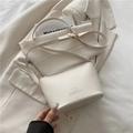 Minimalist beige leather bucket bag with lychee grain texture and gold buckle - White