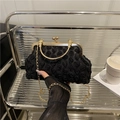Elegant black floral evening clutch bag with gold metal handle and crossbody chain strap - Black