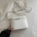 Minimalist white bucket crossbody bag with litchi texture and adjustable strap - White