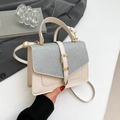 Chic beige leather handbag with silver glitter flap and metal clasp for women - Sequin Patchwork Style / Off-white