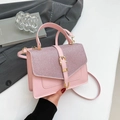 Pink top-handle handbag for women with glittery flap and adjustable shoulder strap - Sequin Patchwork Style / Pink