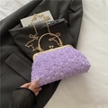 Purple floral evening handbag with golden handle and 3D rose fabric texture - Purple