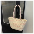 Detail of beige woven cotton tote bag with colorful polka dots and pearl button closure - Beige - Large