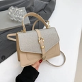 Beige PU-Leder Umhängetasche mit silberner Glitzerklappe und goldener Schnalle - Pailletten-Patchwork-Stil / Khaki