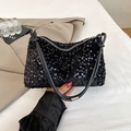 Stylish black sequined baguette bag with slender leather handle and metallic zipper - Black