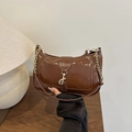 Chic brown glossy patent leather baguette bag with gold chain strap for women - Brown