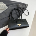 Black crocodile texture handbag with gold triangular buckle and dual straps - Black