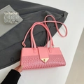 Pink crocodile-embossed faux leather handbag with golden triangle lock and dual straps - Pink